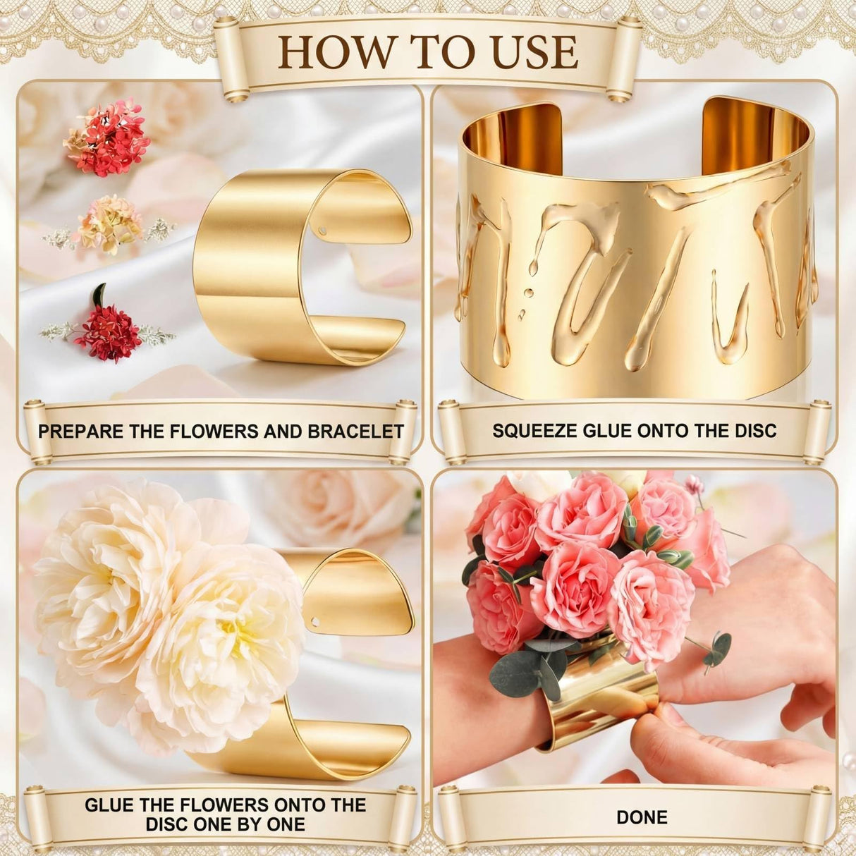 Liliaafar Gold 10 Pcs Corsage Wristlet Bracelet Bands for Women Cuff Bangle Bracelet Wrist Corsage DIY Wedding Wristband Wide Open Adjustable Accessory for Wedding Bridal Party Prom (Cuff)