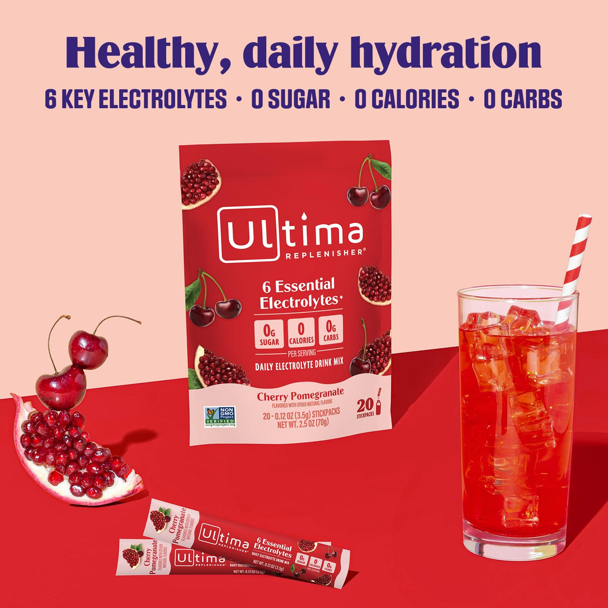 Ultima Replenisher Daily Electrolyte Powder Drink Mix – Sugar Free – Cherry Pomegranate, 20 Stickpacks – Hydration Packets with 6 Electrolytes and Minerals – Keto Friendly, Vegan, Non-GMO