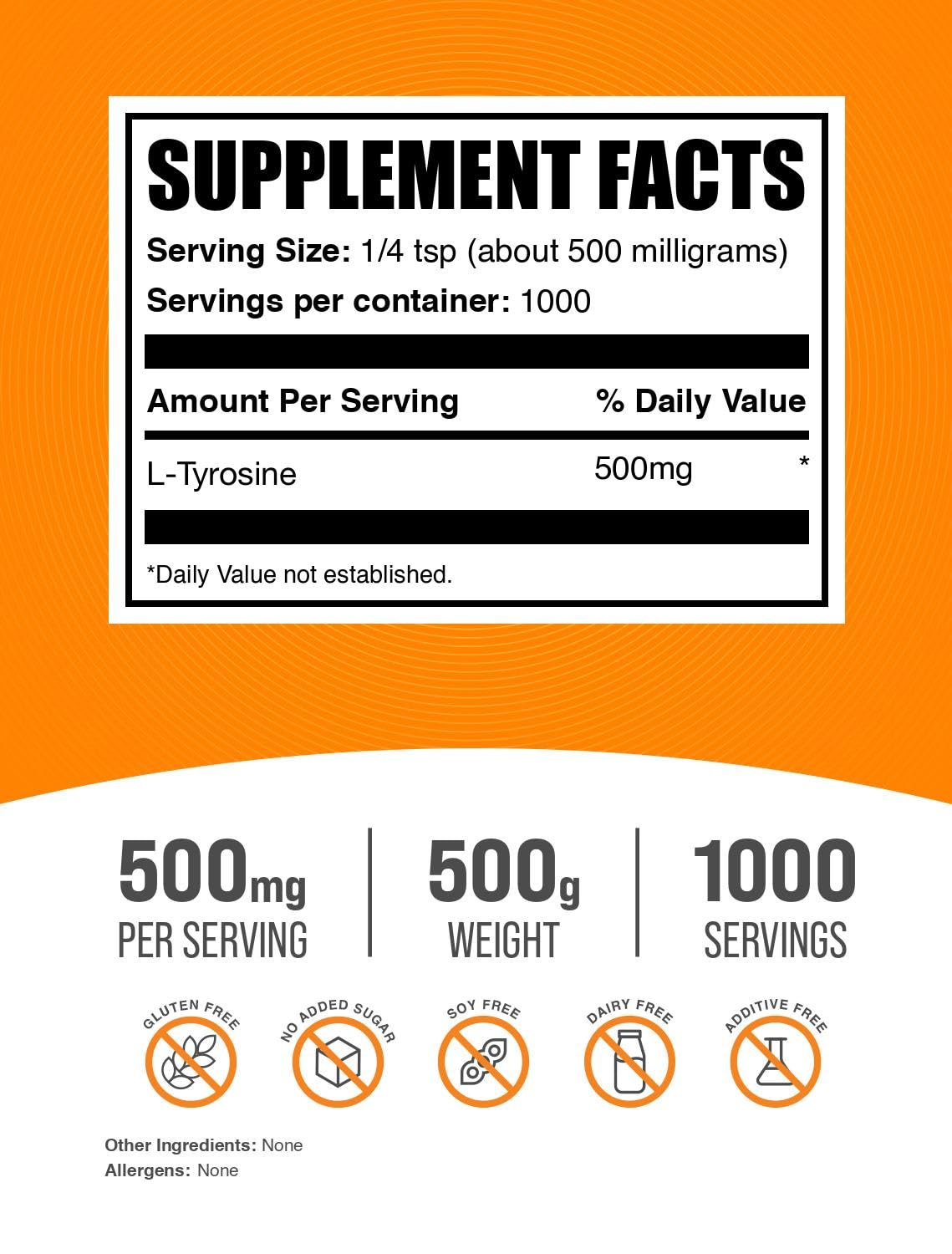 BulkSupplements.com L-Tyrosine Powder - Sports Nutrition, Amino Acid Supplement - Unflavored & Gluten Free, 500mg per Serving, 500g (1.1 lbs) (Pack of 1)