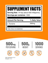 BulkSupplements.com L-Tyrosine Powder - Sports Nutrition, Amino Acid Supplement - Unflavored & Gluten Free, 500mg per Serving, 500g (1.1 lbs) (Pack of 1)