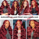 AOSUN 99j Burgundy Lace Front Wigs Human Hair Glueless Wine Red Colored Body Wave Wigs Pre Plucked with Baby Hair 180 Density 13x4 HD Transparent Frontal Wig for Women