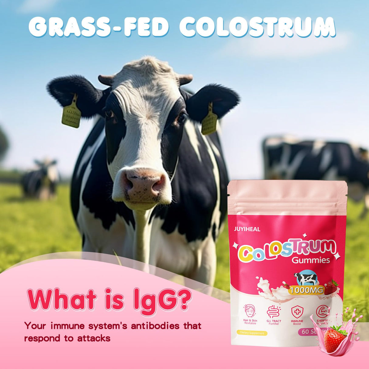 JUYIHEAL Colostrum Gummies, 1000 mg Grass Fed Colostrum Chews Colostrum Supplement for Gut Health, Hair Growth, Beauty, and Immune Support, Strawberry Flavor 60 Servings