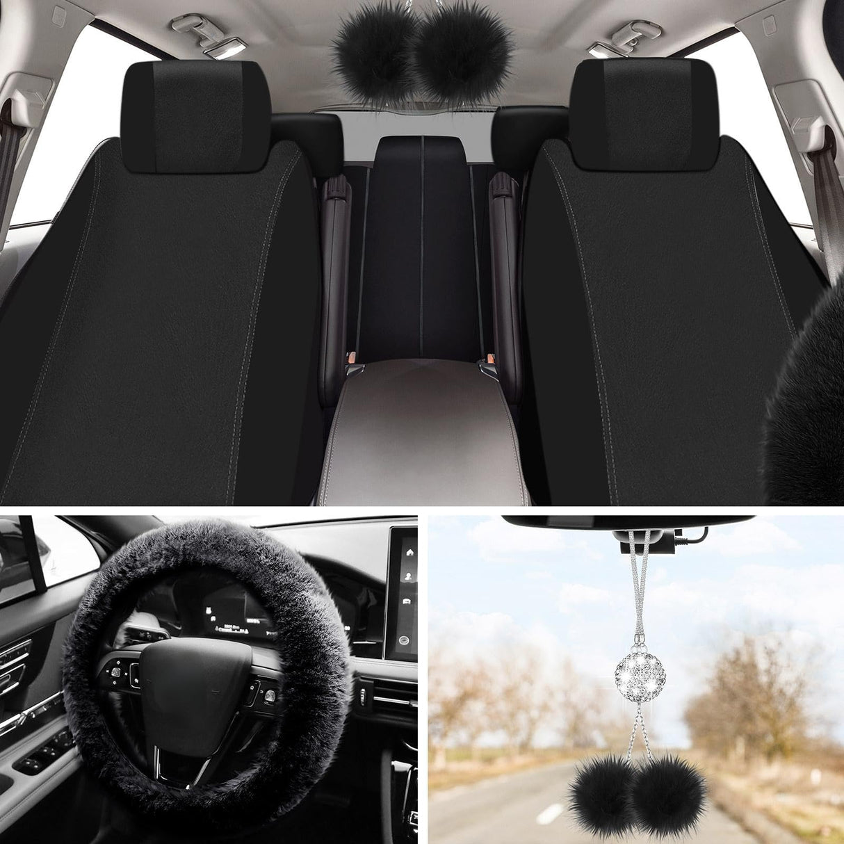 Fulmoon 17 Pcs Car Seat Cover Full Set for Women Fluffy Fuzzy Car Accessories Christmas Front Rear Steering Wheel Fleece Handbrake Shift Covers Hanging Accessory Holder Ring Emblem(Black)