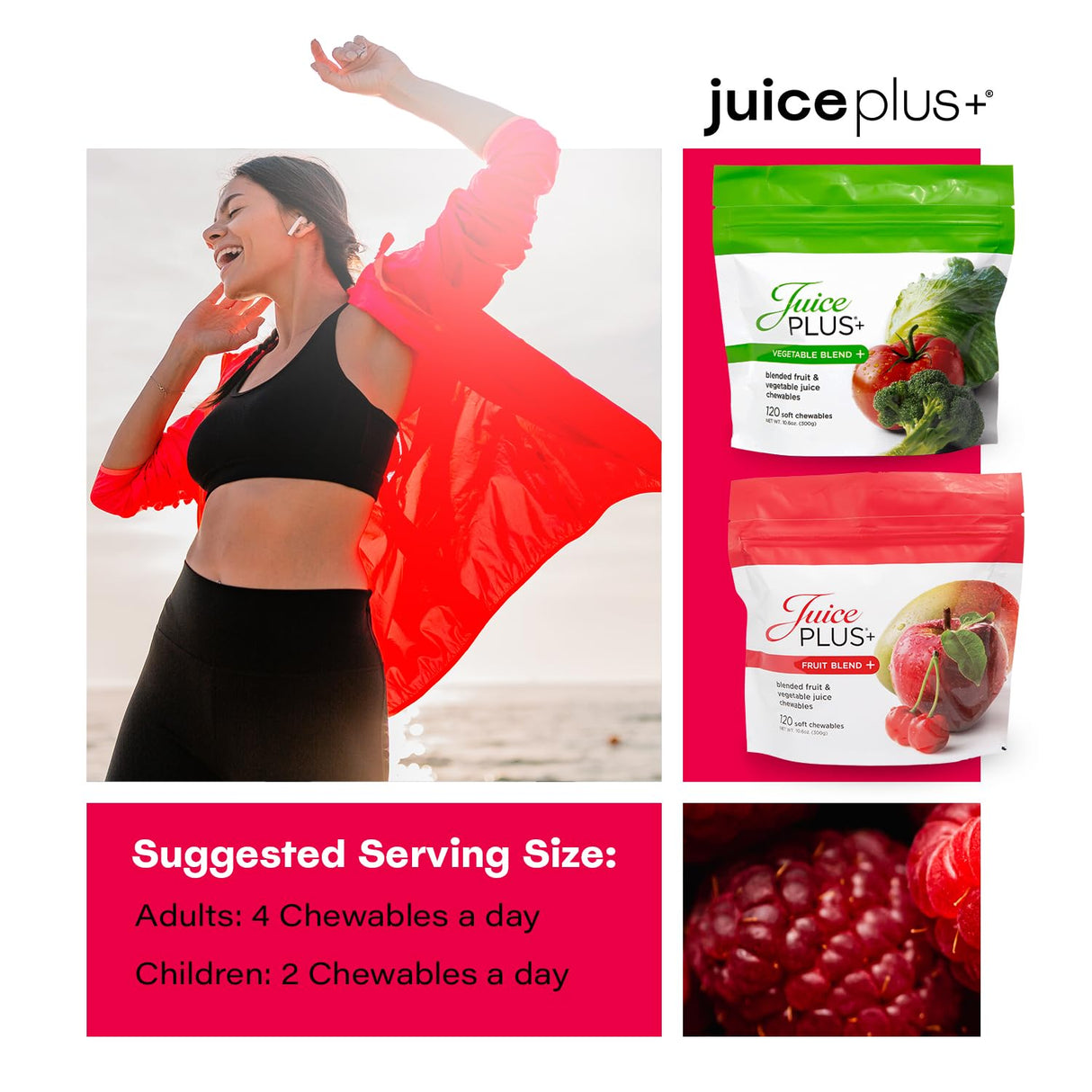 JuicePlus+ Fruit & Vegetable Blend Soft Chews - Tasty Vegan Fruit and Veggie Gummy Vitamins for Adults & Kids - 4 Month Supply (4 Pouches, 30 Chews Each)