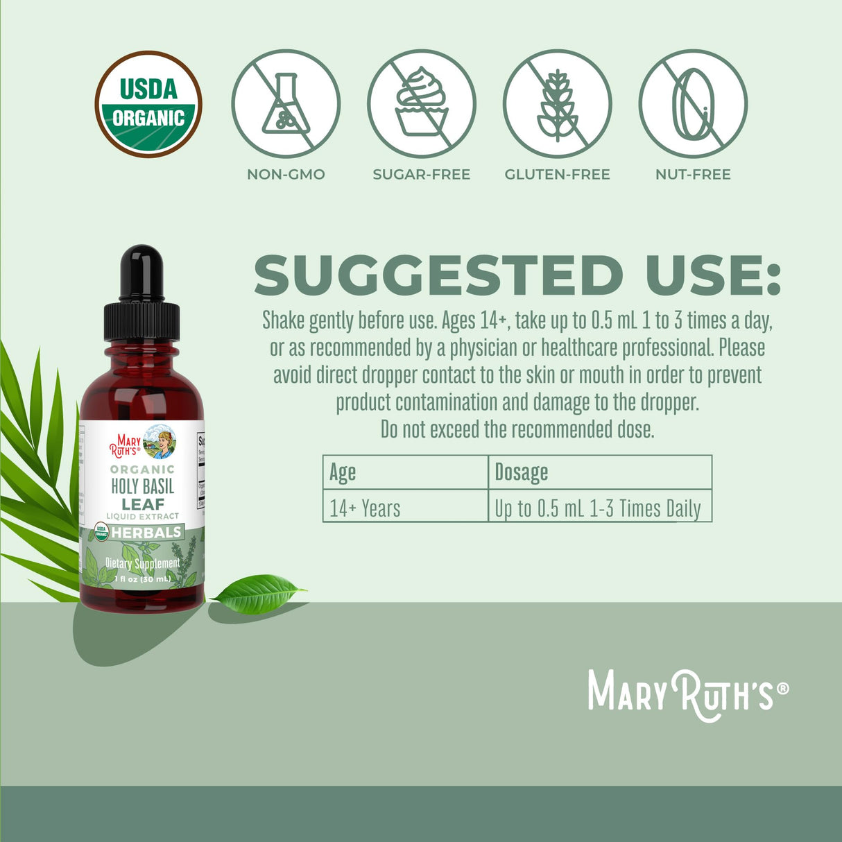 MaryRuth Organics Holy Basil Sugar Free | Tulsi Holy Basil Herbal Liquid Drops | Antioxidant | Cognitive Function | Digestive Support | Energy Levels | Vegan | Non-GMO | 1 Fl Oz