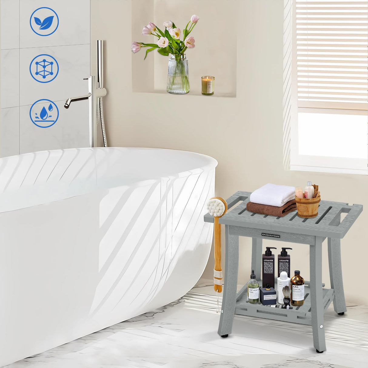 KingPavonini HDPS Shower Benches for Inside Shower to Sit on, Waterproof Shower Stool for Shaving Legs, Heavy Duty 400LBS Shower Seat with Storage Shelf, Shower Chair for Bathroom/Indoor/Outdoor Use