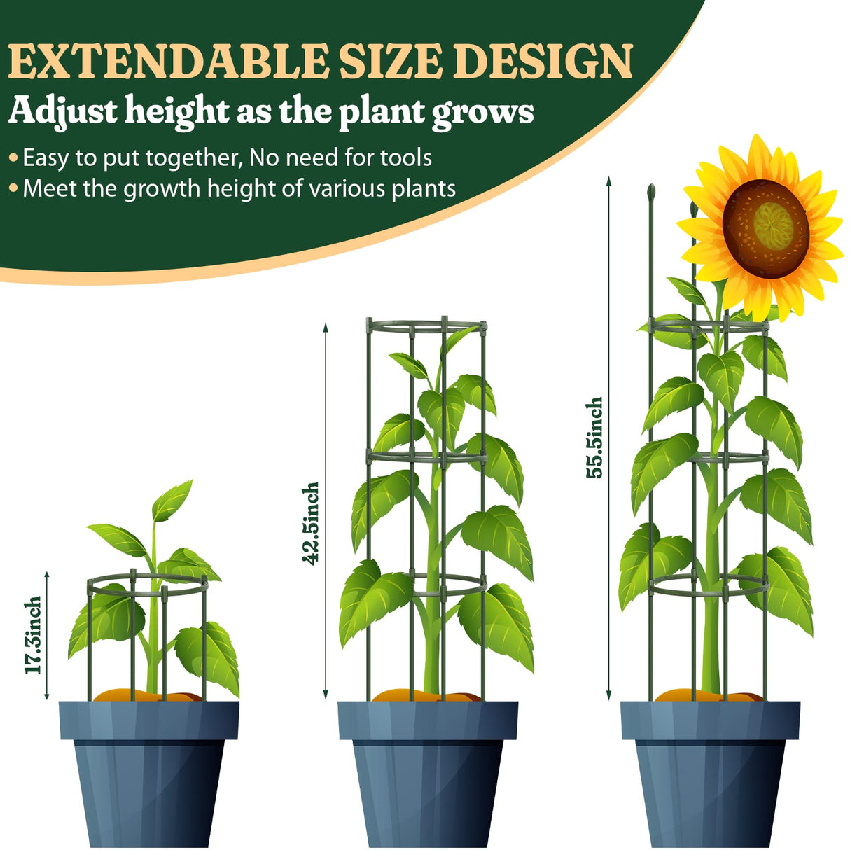 Round Heavy Duty Tomato Cage - 55 Inch Steel Core Plastic Coated Garden Trellis, 4-Post Rustproof Plant Support for Tomato/Cucumber/Beans, No Tools Snap Assembly, Spare Parts Available 1PS