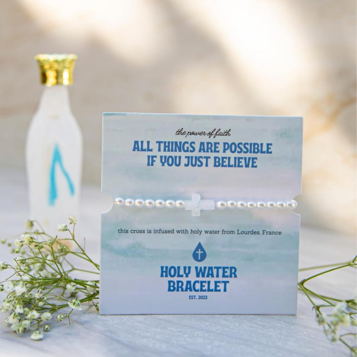 Holy Water Inspirational Stretch Bracelet for Women, Crystal Pearl Beads