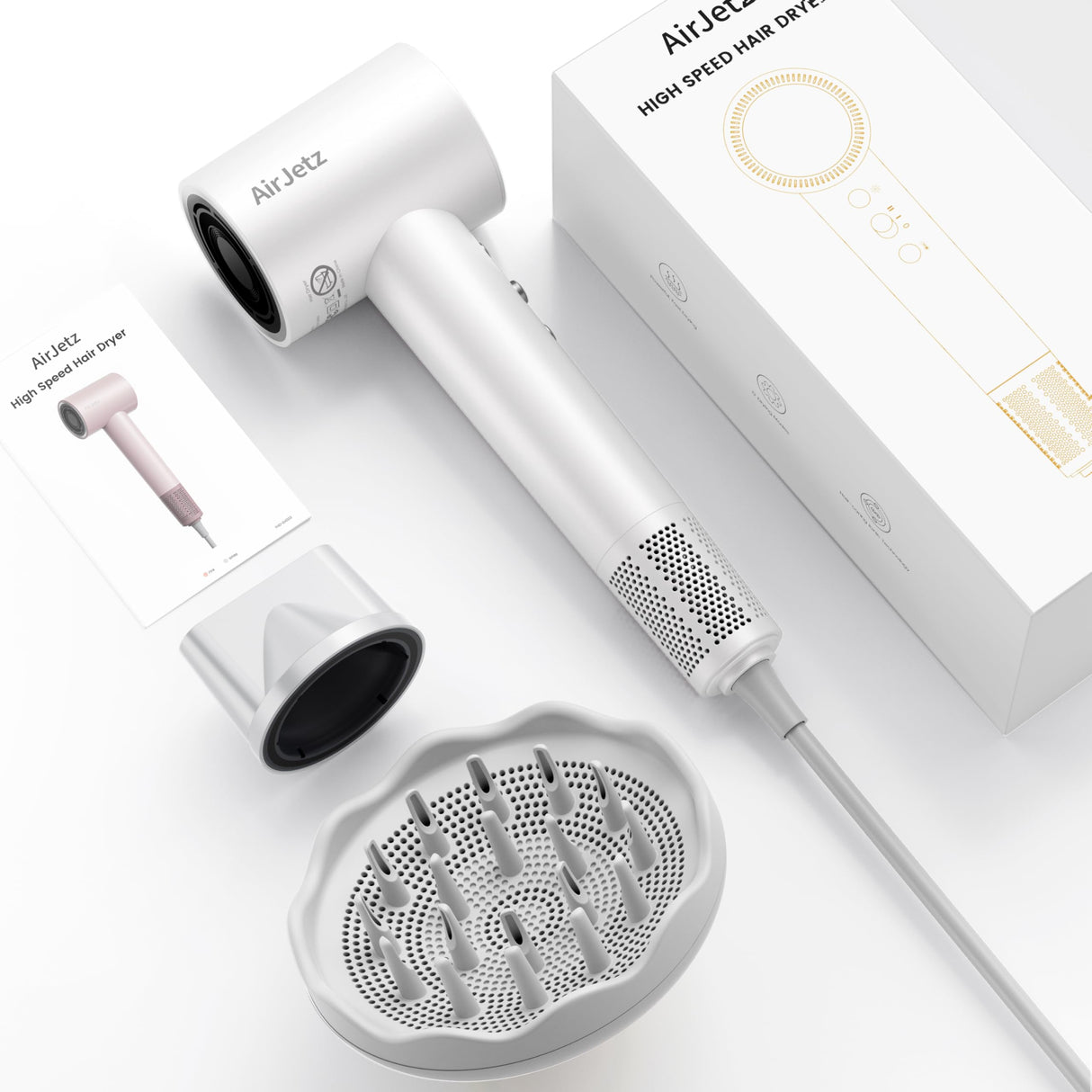 Hair Dryer, 110,000 RPM High-Speed Ionic Blow Dryer for Fast Drying, Professional Lightweight Hairdryer with Diffuser, Magnetic Nozzle, 4 Temps & 2 Speeds, Low Noise for Travel - White