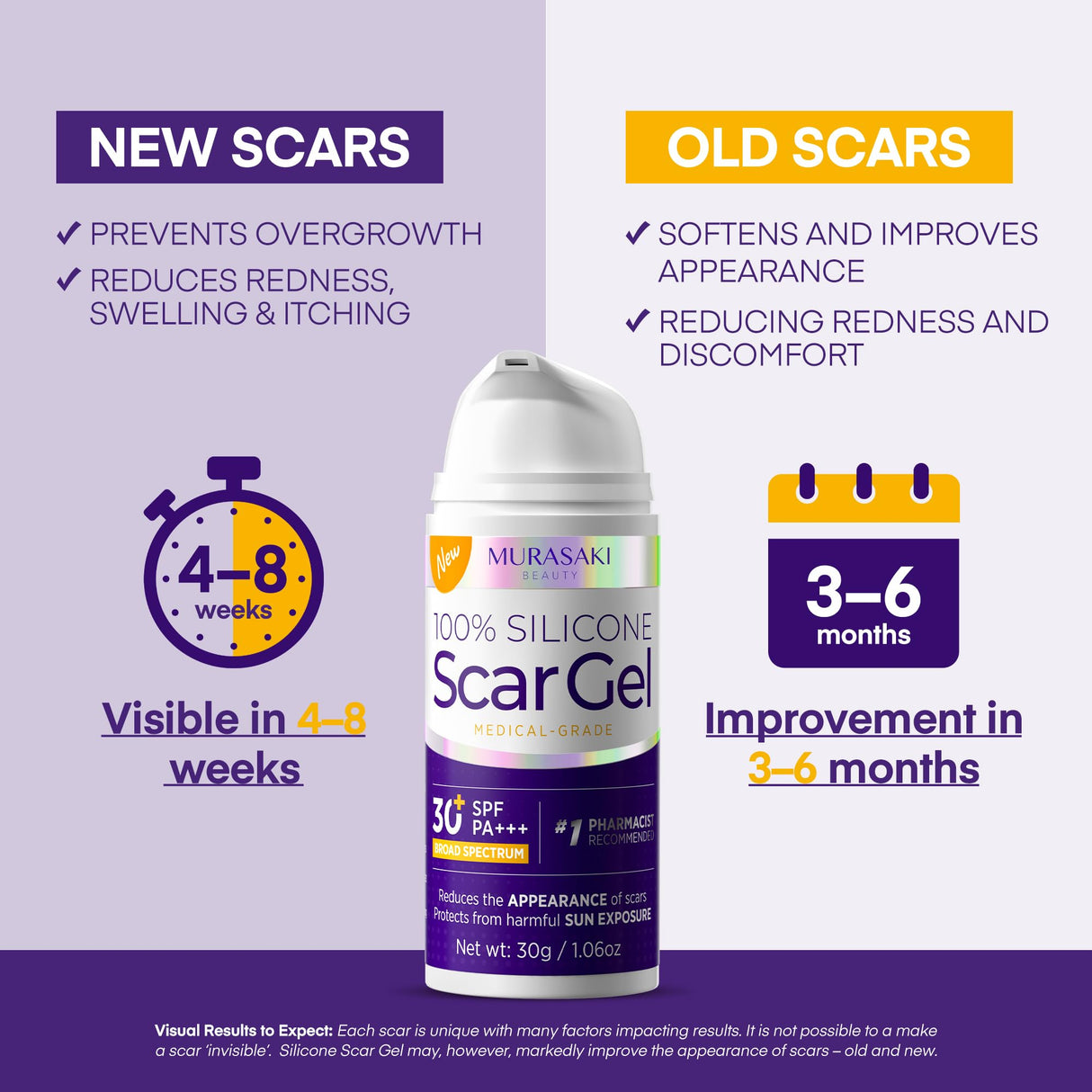 Silicone Scar Gel Scar Cream: SPF 30 Advanced Medical-Grade Formula for Surgical Scars, C-Section, Stretch Marks, Acne, Burns, Keloids, Old & New Scars – Broad Spectrum UV Protection 1.06oz (30g)