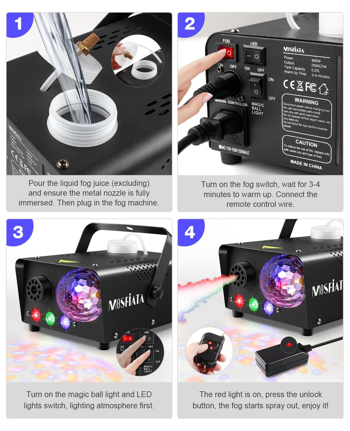 MOSFiATA Fog Machine with Disco Light 600W Smoke Machine RGB LED lights, 2300 CFM Spray, Remote Control, Perfect for Halloween, Christmas, Wedding, Party, Club, DJ Stage Effect