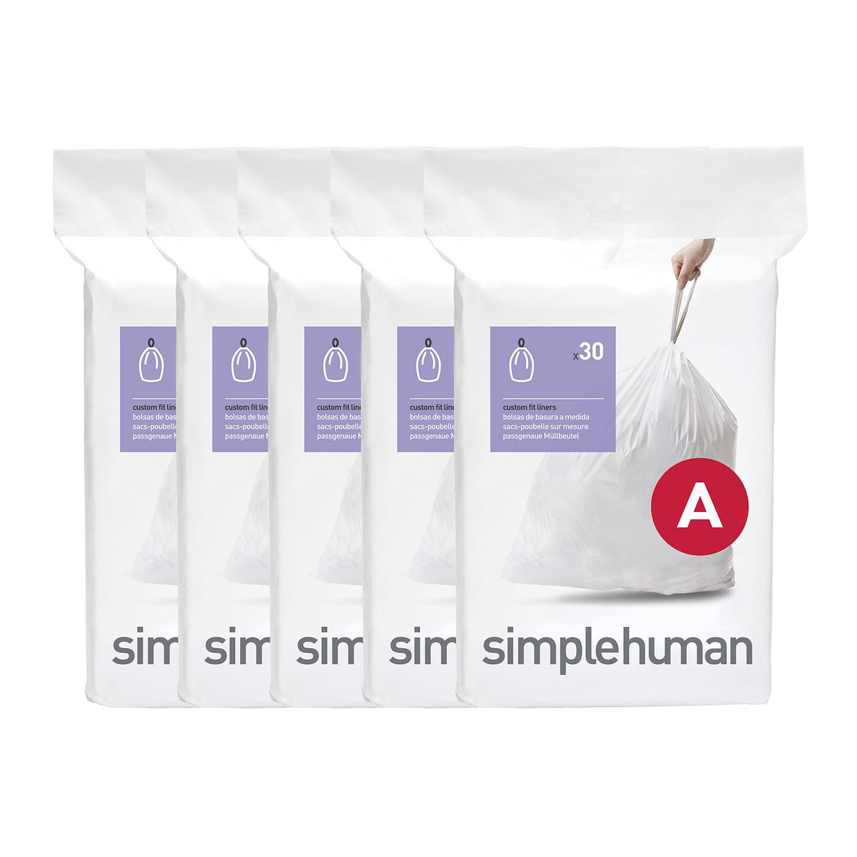 simplehuman Code A 150 Count, Dispenser Pack Custom Fit Liners, Drawstring Trash Bags, 4.5 Liter / 1.2 Gallon, White