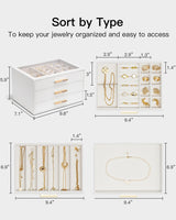 Vlando Jewelry Box for Women, Glass Lid Jewelry Organizer with 3 Drawers for Necklaces Rings Earrings Bracelets Christmas Gift - White