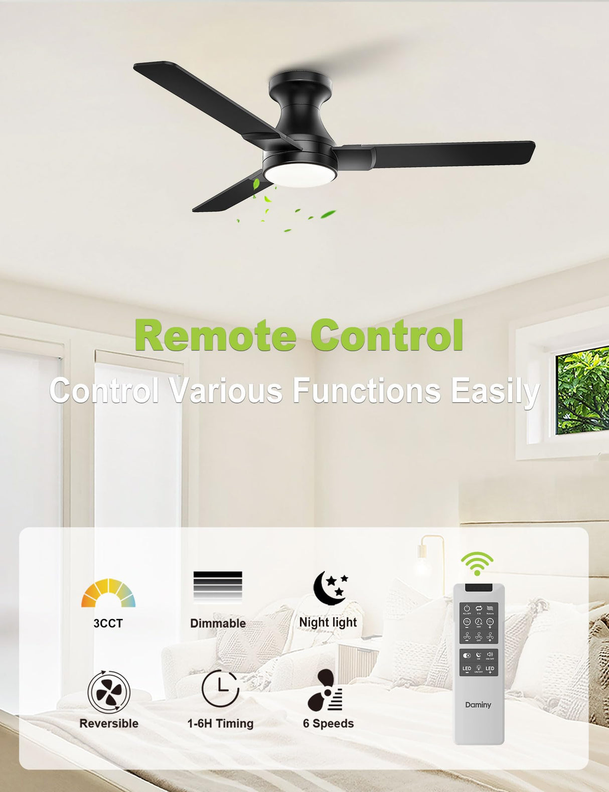 DAMINY 42 inch Ceiling Fans with Lights,3 Blades,3CCT, Low Profile Ceiling Fan with Light and Remote Control,Ceiling Fan for Bedroom, Kitchen,Indoor/Outdoor Use,Flush Mount-Black