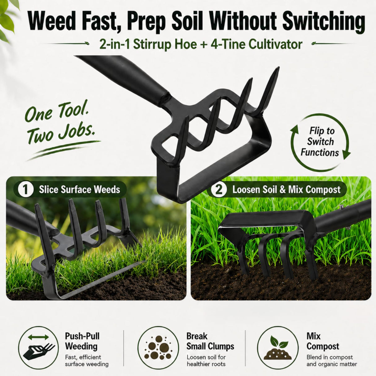 Garden Hoe with Cultivator Rake, 2-in-1 Heavy Duty Action Stirrup Hoe with Sharp Blade,60" Adjustable Long Handle Loop Scuffle Hoe for Fast Weeding, Loosening Soil, Aerating and Mixing Compost