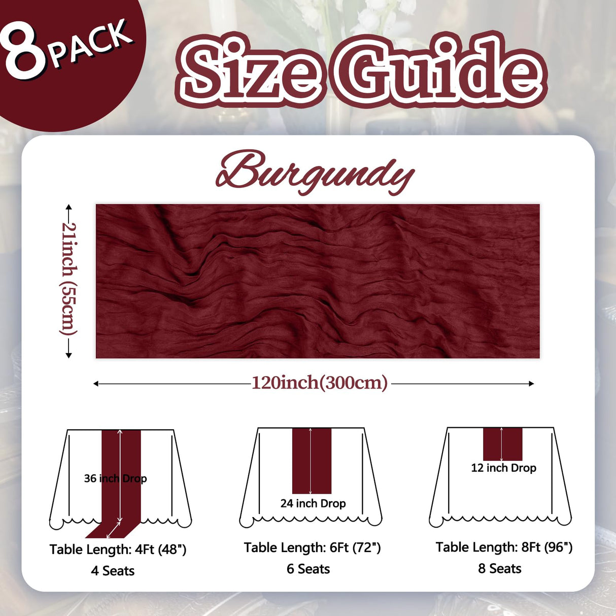 pepmily 8 Pack Burgundy Cheesecloth Christmas Table Runner 10ft Boho Gauze Fabric 120 Inch Cheese Cloth Table Runner Rustic Sheer for Thanksgiving Wedding Decor Party Table Centerpiece Decoration