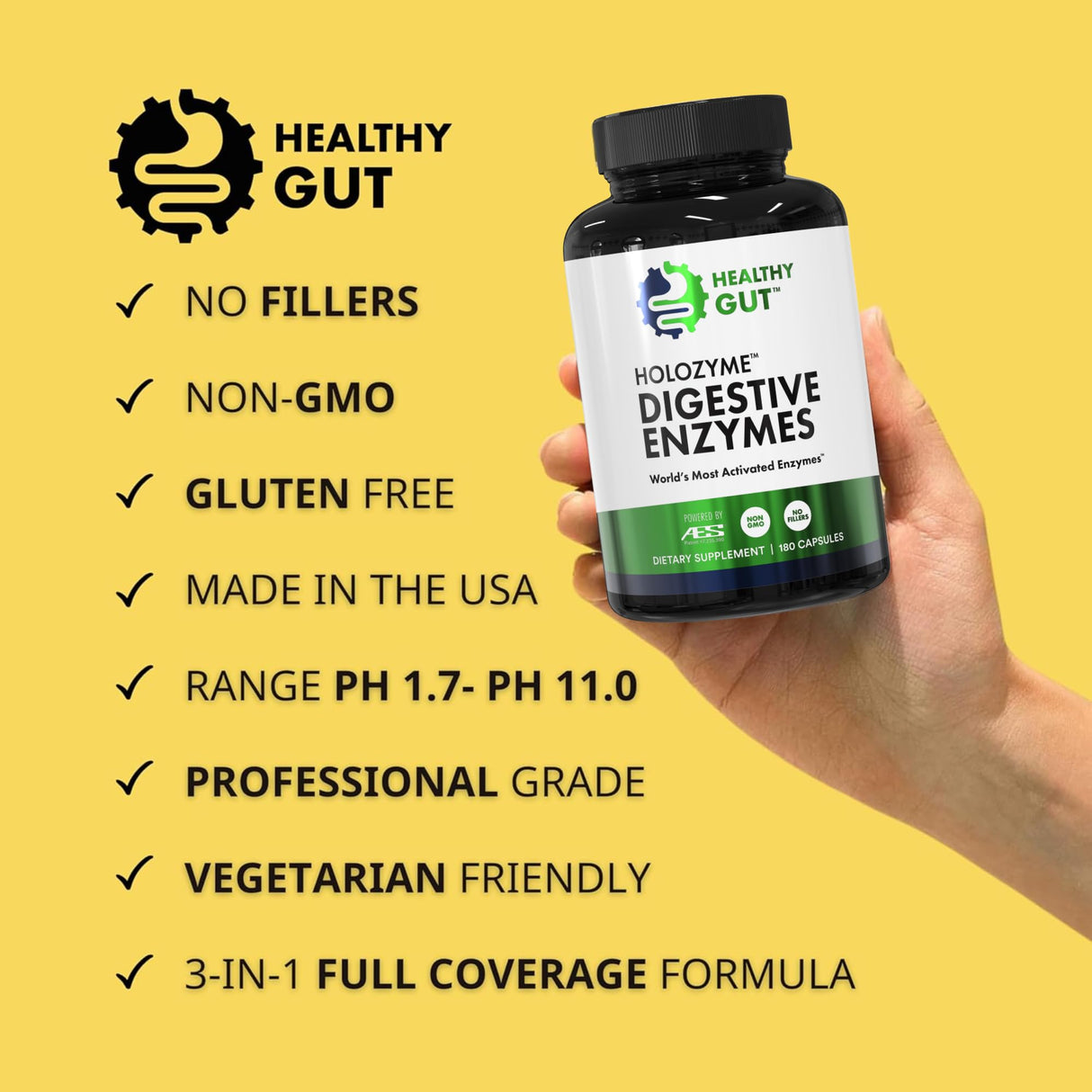 Healthy Gut HoloZyme Max Strength Digestive Enzymes | Prevents Bloating, Gas, & Indigestion w/Protease, Amylase, Lipase, Lactase, and More | 90 Servings