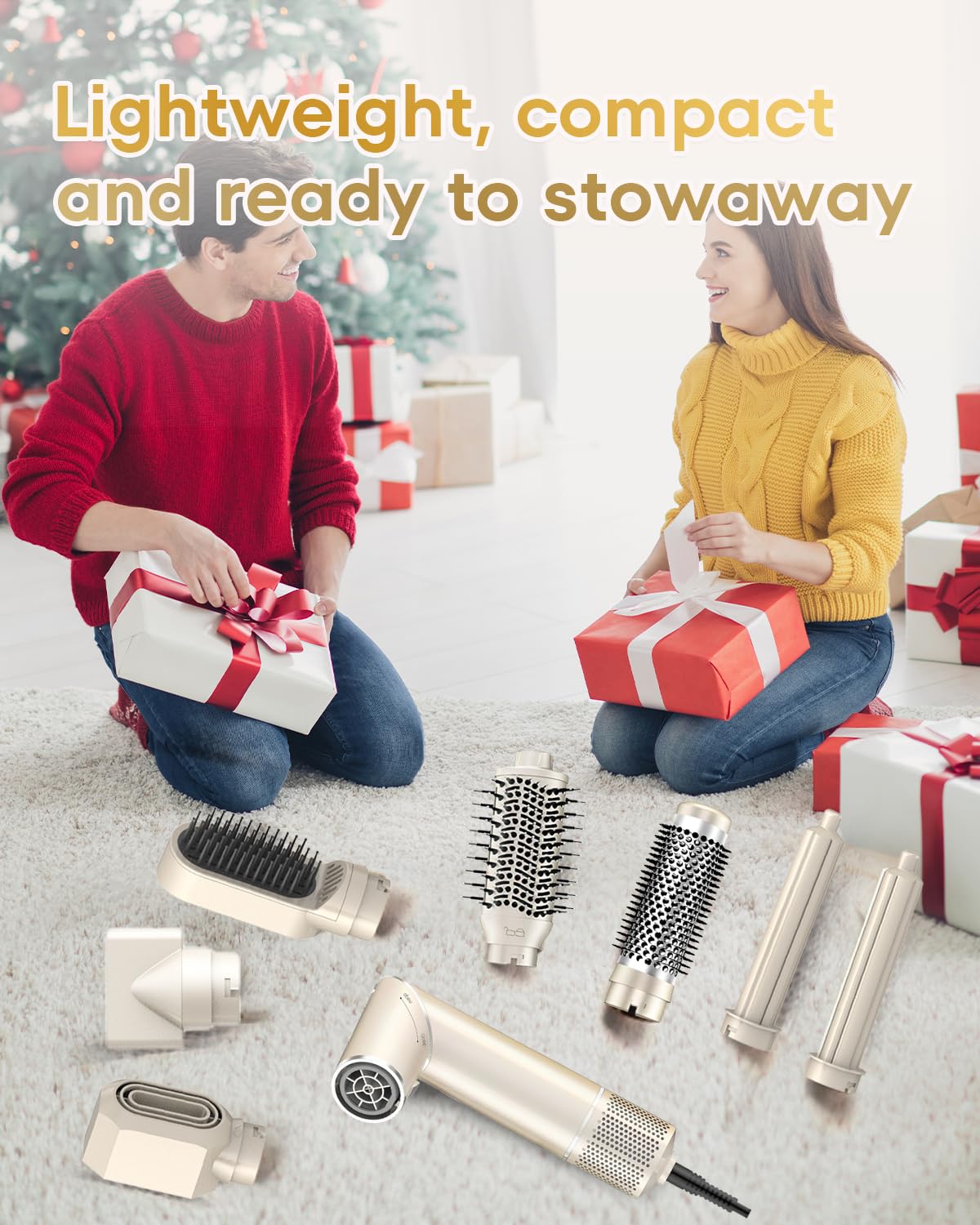 7 in 1 High-Speed Hot Air Styler,110,000 RPM Rotatable Hair Styler ， Professional Frizz-Free Blow Dryer Brush, Fast Drying, No Heat Damage - Curl, Volumize, Straightening Styling (Champagne)