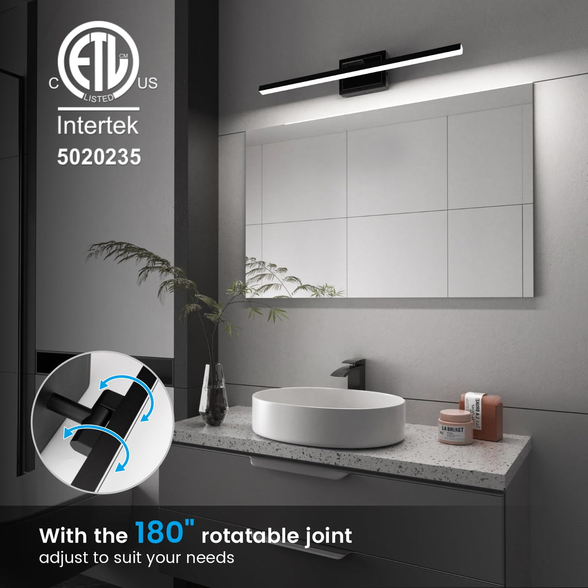 VOLISUN Modern Bathroom Vanity Light 24 inch, Rotatable, 14W Dimmable 5CCT Led Bathroom Light Fixture Over Mirror, Black Bar Vanity Light for Bathroom Mirror Restroom-ETL Certificated