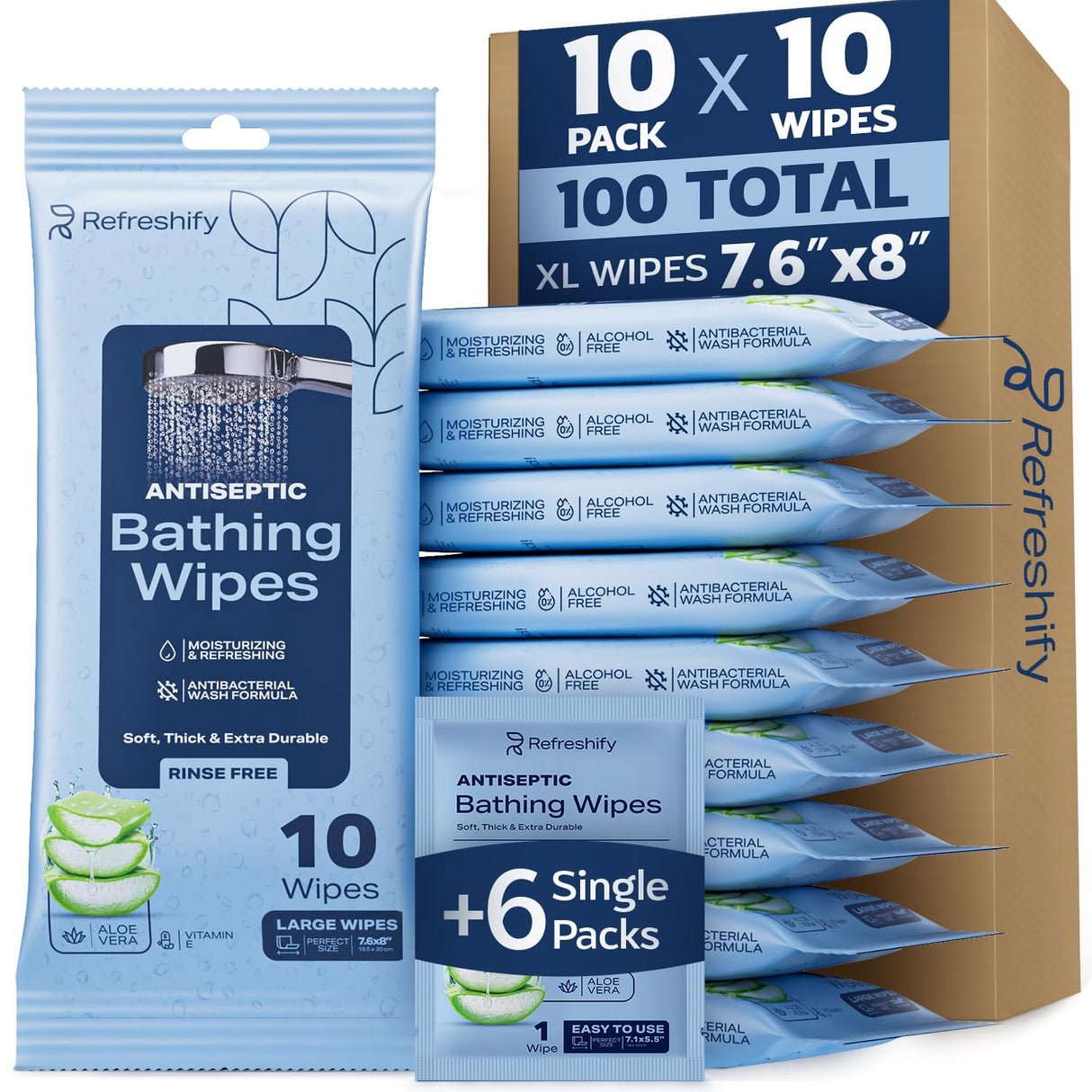 100 XL Body Wipes for Adults Ultra Thick Bathing No Rinse - Microwaveable Shower Wipes, Bath Wipes with Moisturizing Aloe Vera and Vitamin E, 7.8” x 8” In - 10 Packs of 10