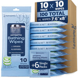 100 XL Body Wipes for Adults Ultra Thick Bathing No Rinse - Microwaveable Shower Wipes, Bath Wipes with Moisturizing Aloe Vera and Vitamin E, 7.8” x 8” In - 10 Packs of 10