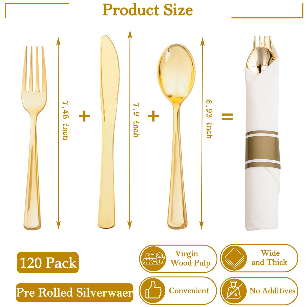 Supernal 120Pack Gold Plastic Silverware Wrapped Plastic Cutlery Set with Napkin,Pre Rolled Napkins with Cutlery Set,Rolled Silverware Disposable For Halloween Thanksgiving Christmas