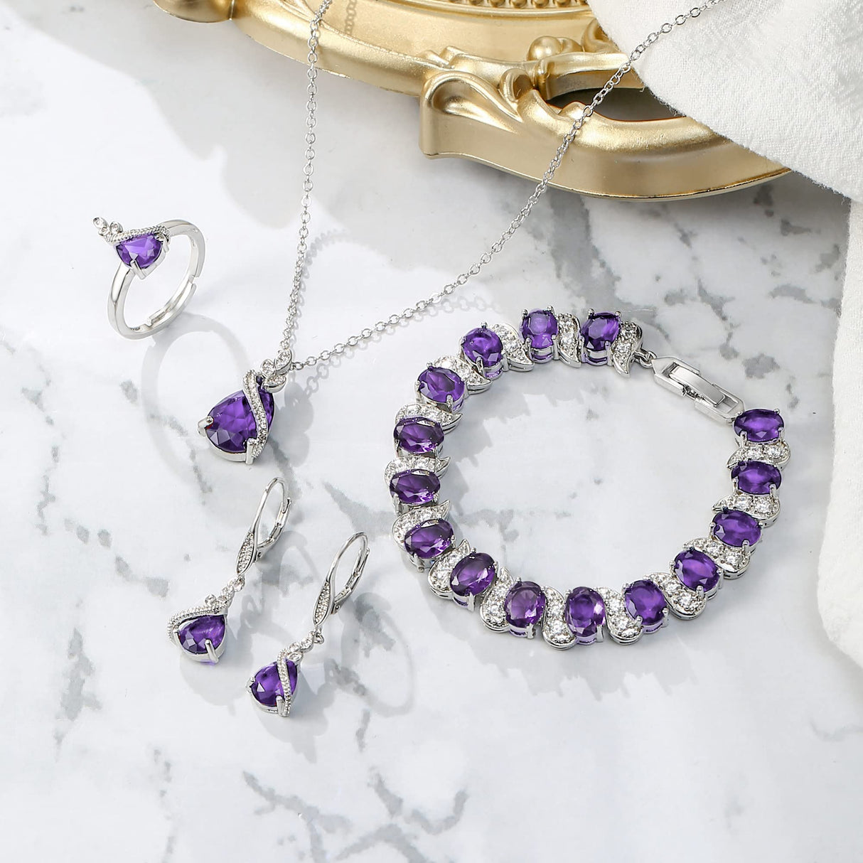 BriLove Wedding Bridal Prom Jewelry Set for Women Bride Bridesmaid Purple