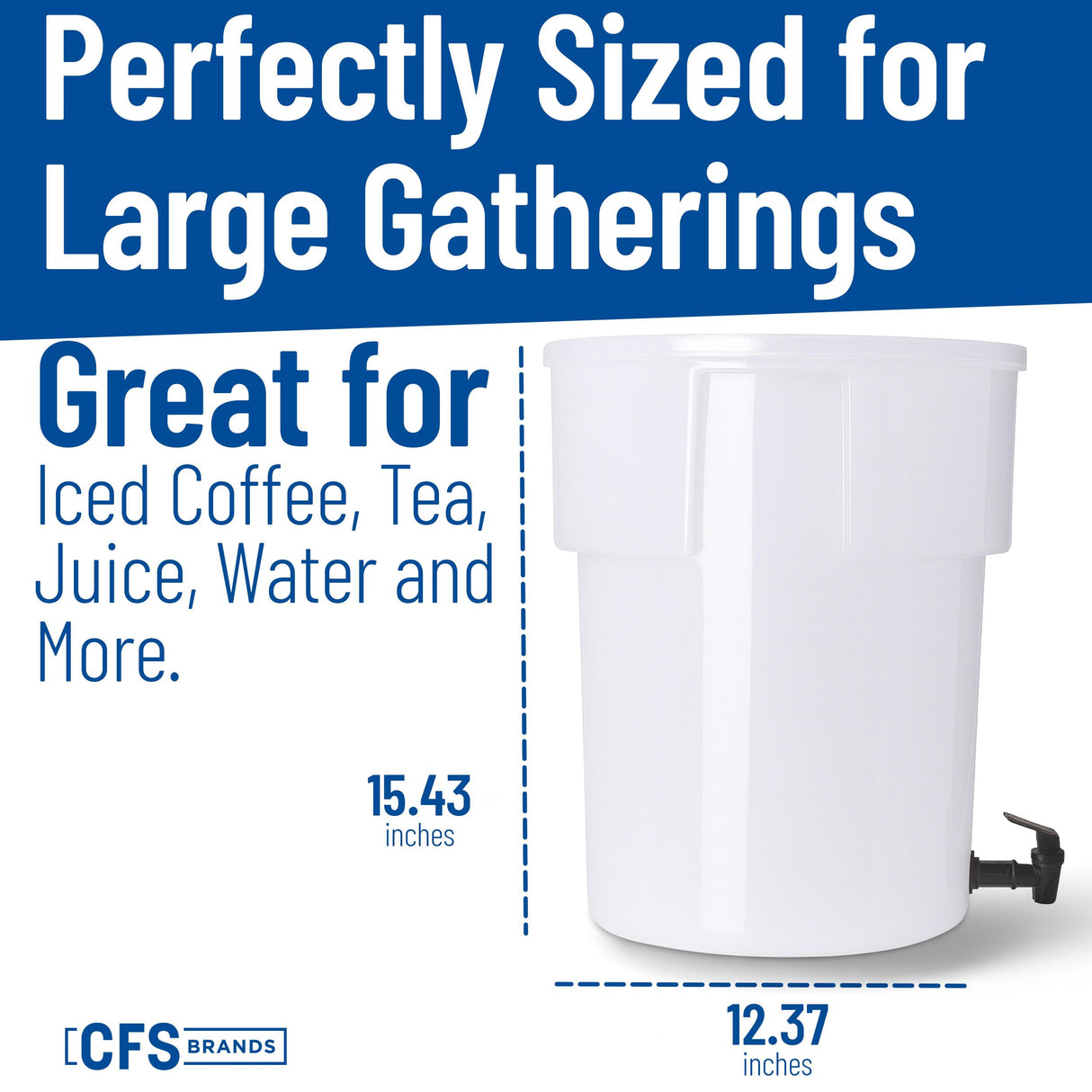 Carlisle FoodService Products Round Beverage Dispenser Drink Dispenser with Spigot for Catering, Plastic, 5 Gallons, White