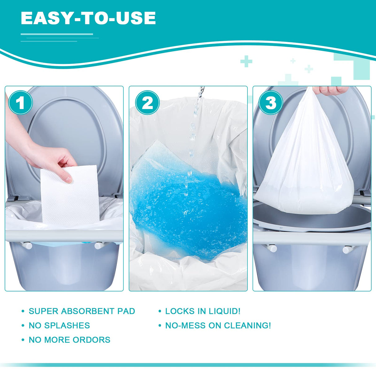 Oumee 90 Count Absorbent Commode Pads for Bedside Commode Bucket, Commode Liners Pads with Absorbent Gel, Potty Liner Pads for Adults Portable Toilet Bags Bedpans