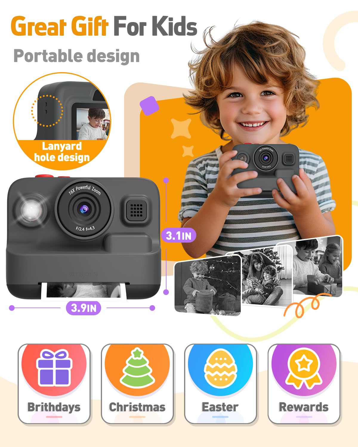Yehtta Kids Camera Instant Print, Christmas Birthday Gifts for 3-12 Year Old Boys Girls, 2.4in Screen 1080P Kids Digital Camera Toys for Kids Age 3 4 5 6 7 8 9 10 with 3 Rolls Print Paper 32G Card