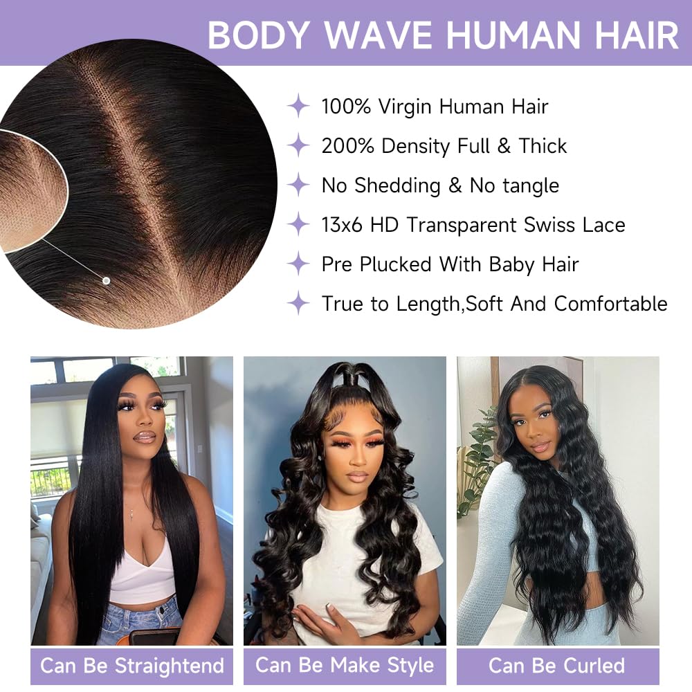 32 Inch Body Wave Lace Front Wigs Human Hair Pre Plucked With Bleached Knots 13x6 HD Lace Frontal Human Hair Wigs 200 Density Natural Color Human Hair Wig