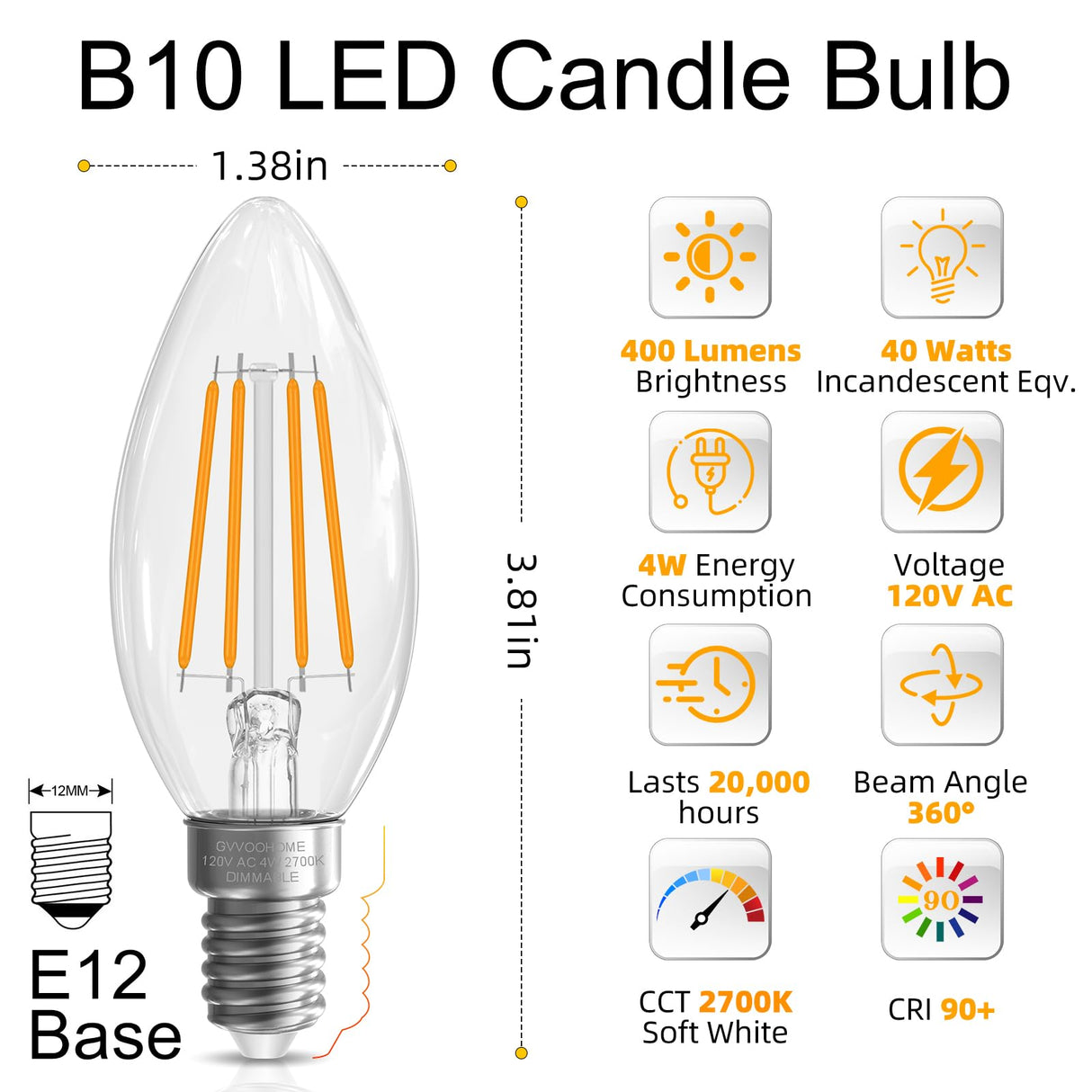 GvvooHome E12 Candelabra Bulb 40 watt Equivalent, E12 LED Bulb Dimmable Chandelier Light Bulbs, B10 Candle Light Bulbs 2700K Soft White, 90+CRI, 400LM, Clear Glass, 12 Pack