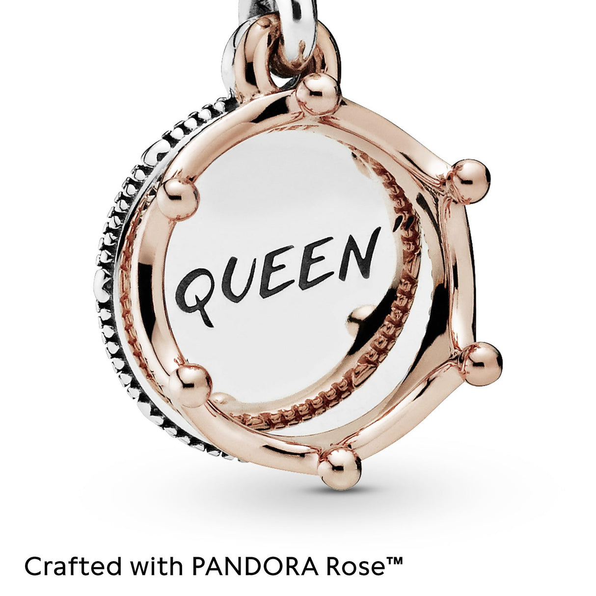 PANDORA Queen & Regal Crown Dangle Charm - Engraved Plaque Detail - Jewelry for Her with Gift Box - Compatible Moments Charm Bracelets - Sterling Silver & 14k Rose Gold