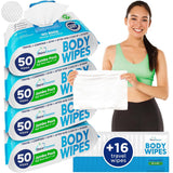 XL Body Wipes - (4 Pack) 200 Shower Wipes + 16 Travel Bath Sheets - 9" x 12" Thick Cleansing Waterless Washcloths - No Rinse Disposable Adult Wash Cloths for Elderly Incontinence, Camping Essentials