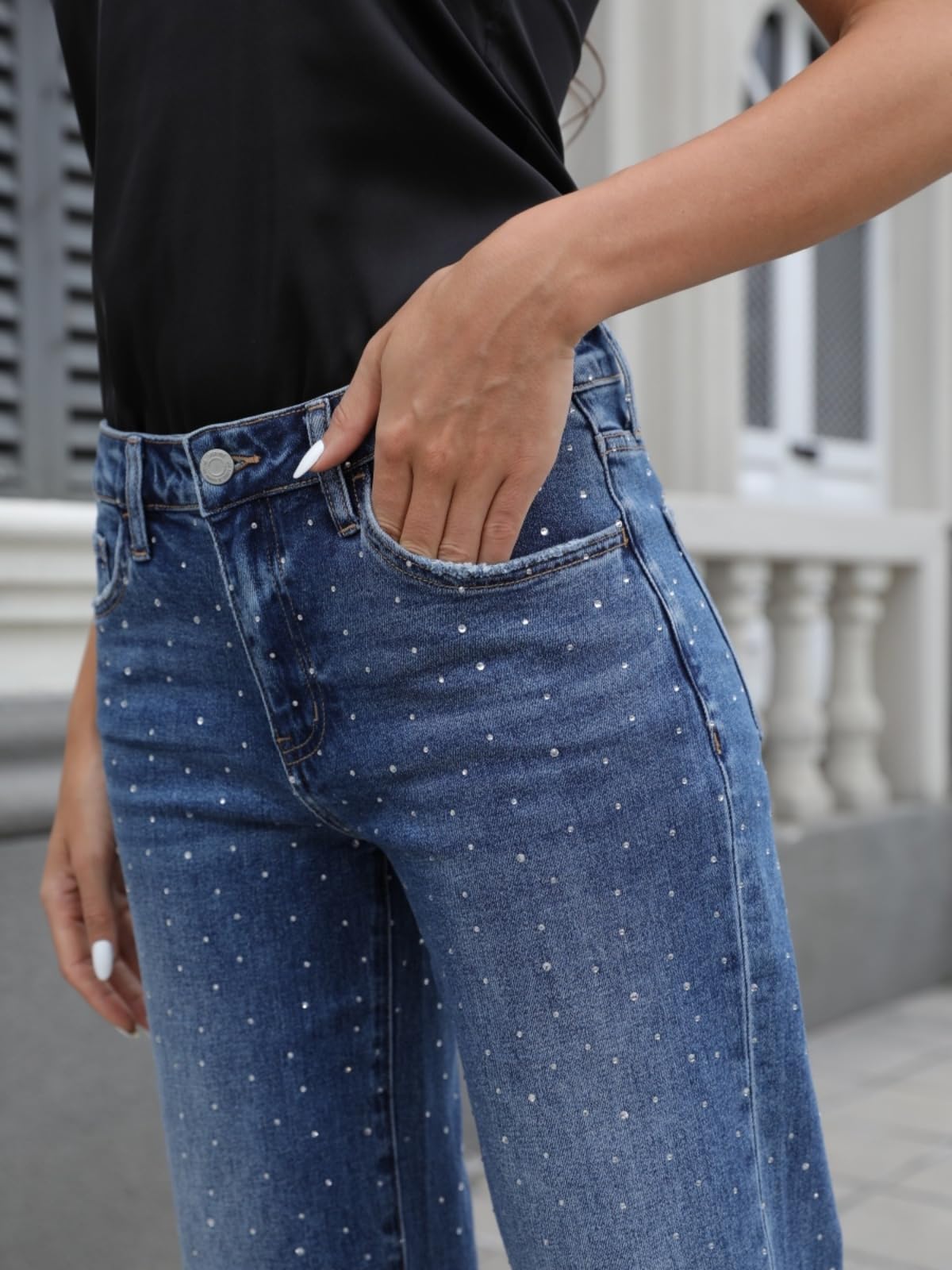 ONESO High Waisted Stretchy Women Wide Leg Jeans Buckle Baggy Pants Underwear Lady Trouser (US, Numeric, 30, Regular, Regular, High Rise-d-mid Blue)