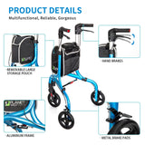 Planetwalk Premium 3 Wheel Rollator Walker for Seniors - Ultra Lightweight Foldable Walker for Elderly, Aluminum Three Wheel Mobility Aid, Brilliant Blue