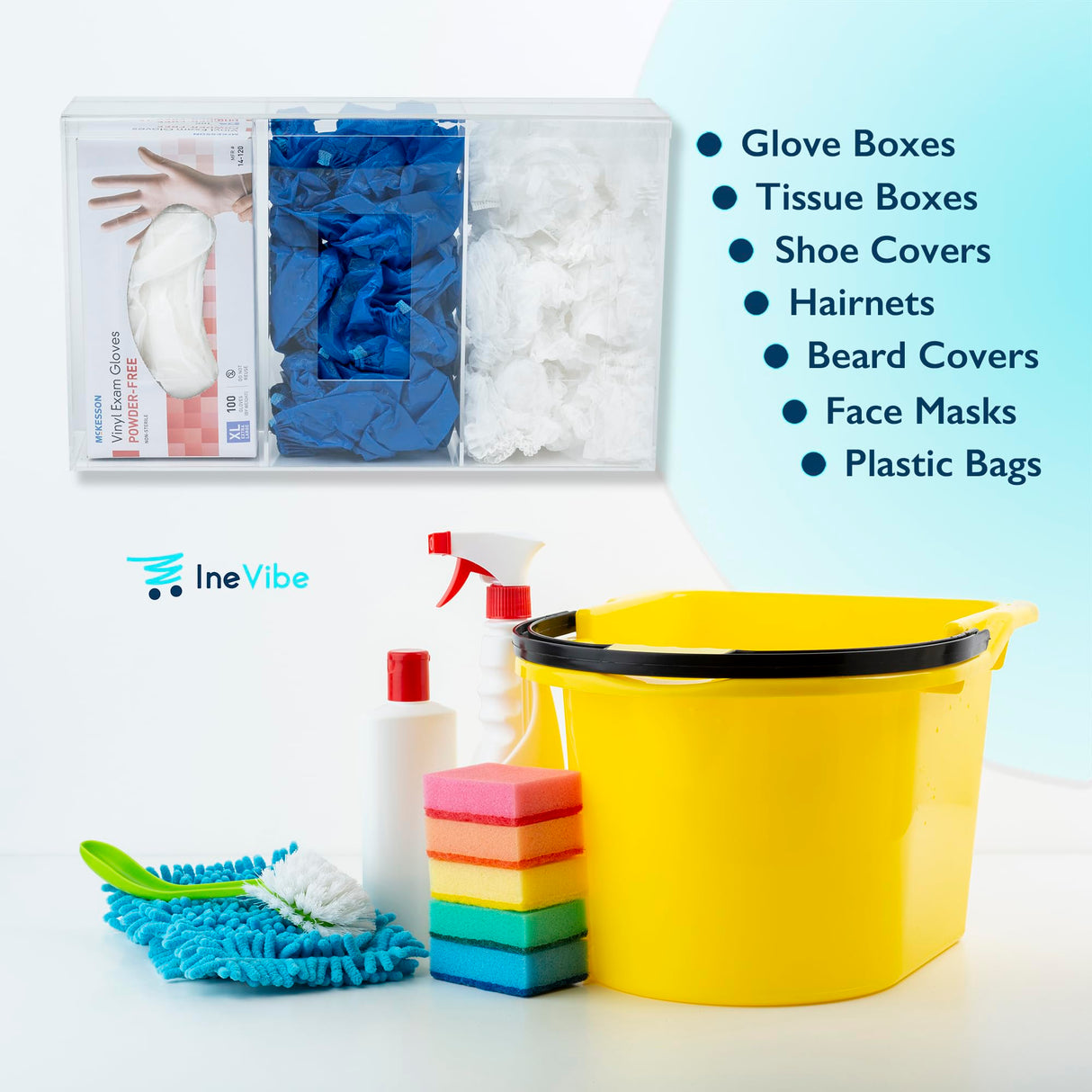IneVibe Triple Hygiene Holder - 3 Compartment Acrylic Dispenser with Lid for Hairnets, Glove Boxes, Face Masks, Plastic Bags, Tissue Boxes in Home or Medical Setting - Counter or Wall Mount (Triple)