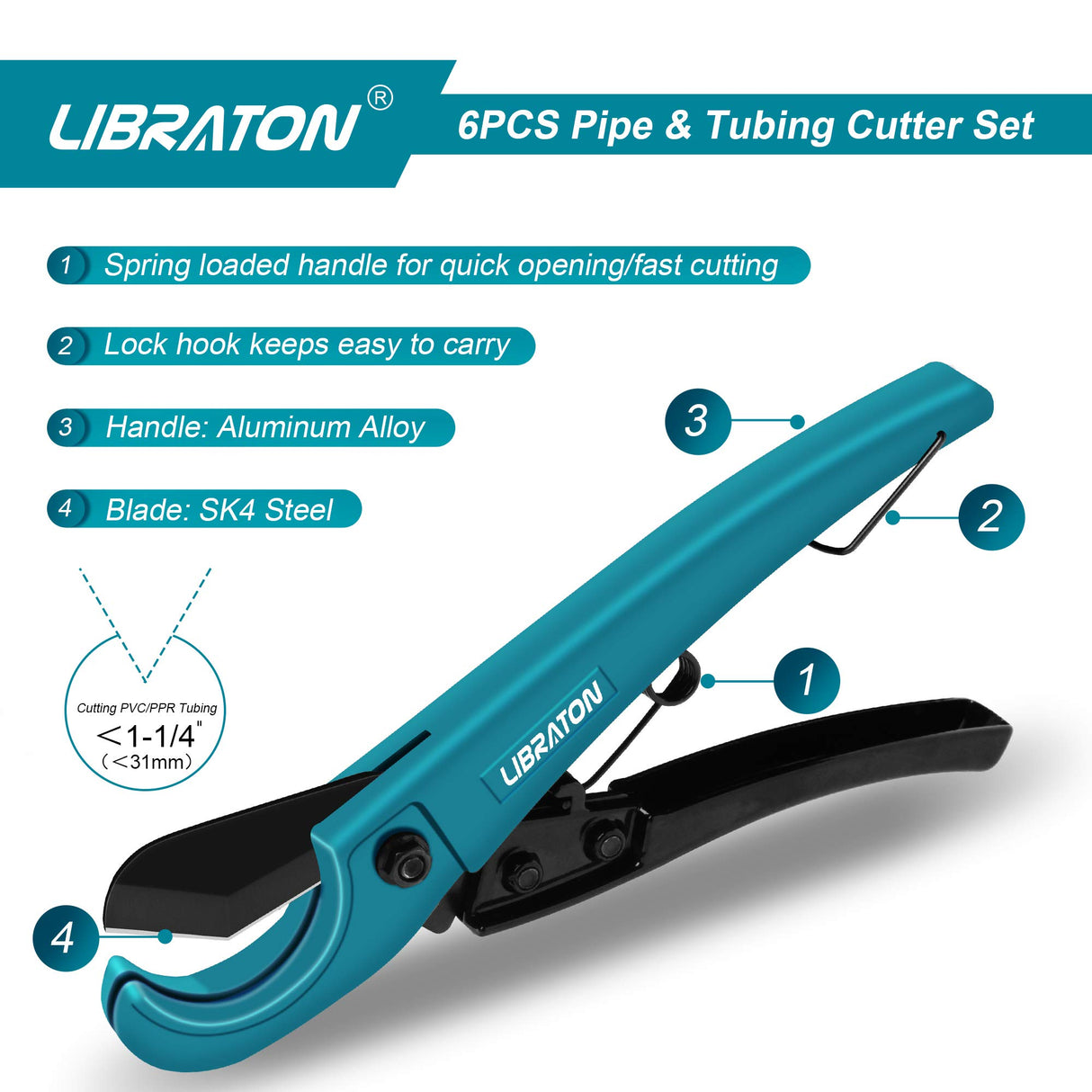 Libraton Pex Cutter 1-1/4", Pex Pipe Cutter, PEX Tube Cutter 1/8" to 7/8", PEX Pipe Cutting Tools for PEX, PVC (Thin), PPR Plastic, Extra PTFE Seal Tapes 400"