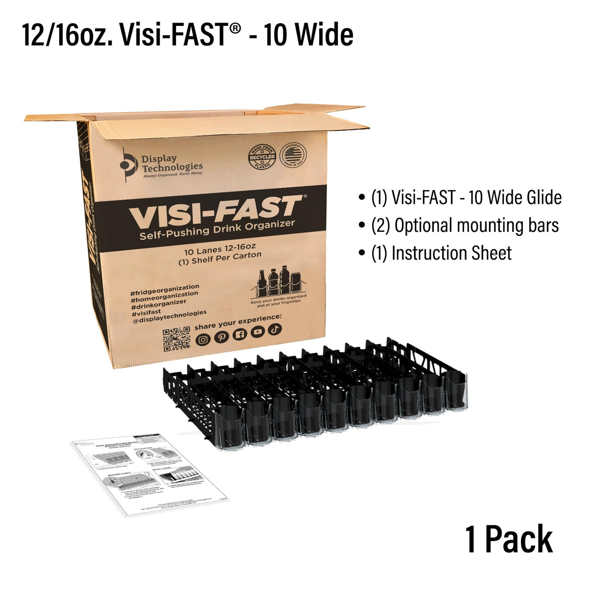Display Technologies Visi-FAST Spring Push Drink Dispenser, Refrigerator Organizers and Storage for 12/16 oz Beverages, Bottles, and Cans, Drink Dispenser for Fridge, Commercial and Home, (Pack of 1)