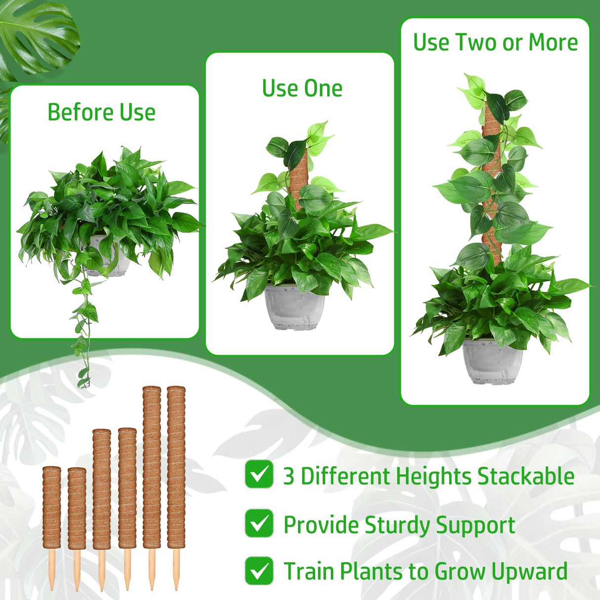ROADPLUM 102 Inch Moss Pole for Plants Indoor (2*21.7", 2*16.5", 2*12.6") 6Pcs Coco Coir Pole Monstera Plant Support Pole for Plants Climbing with 65.6ft Twist Tie, Plant Tie and Jute Rope for Potted