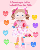 LeyaDoll Soft Bady Educational Soft Baby Doll(16''), Learning Sensory Doll for Toddlers, Montessori Toys for 2-Year-Old Girls Christmas, Birthday Gifts, Plush Doll with Button-Busy Cupcake-Girl