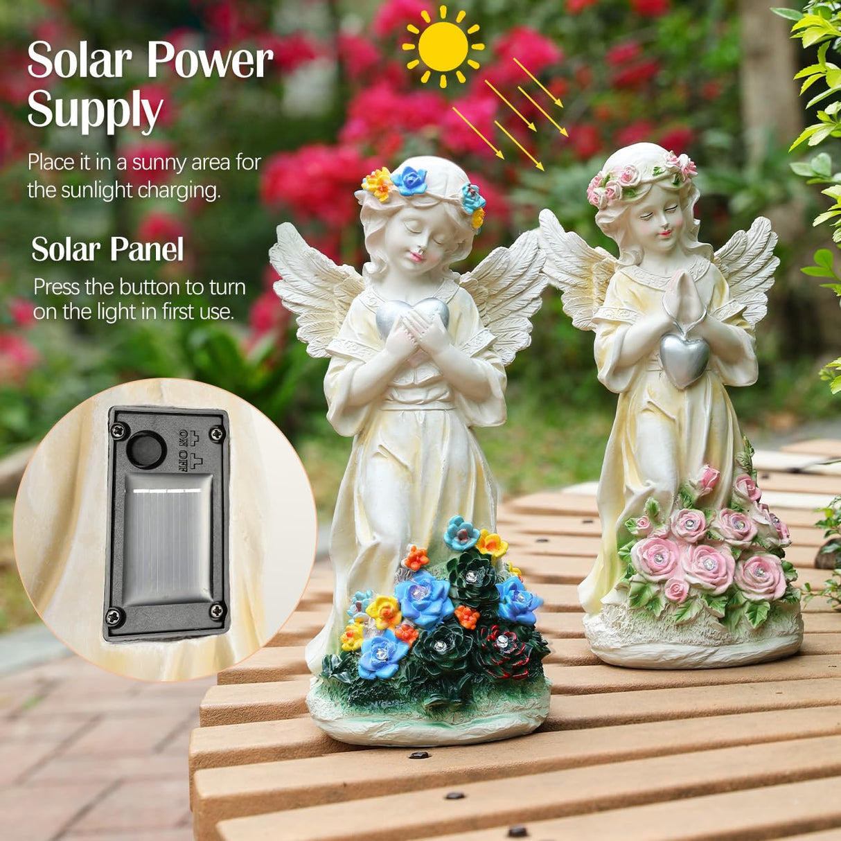 Kssiaz Angel Garden Statue 2Pcs,Love Heart Solar Garden Decor with Warm Light,Waterproof Praying Angel Statue with Flowers,Outdoor Garden Decor Sculpture for Lawn Yard Patio Garden Present,Apricot