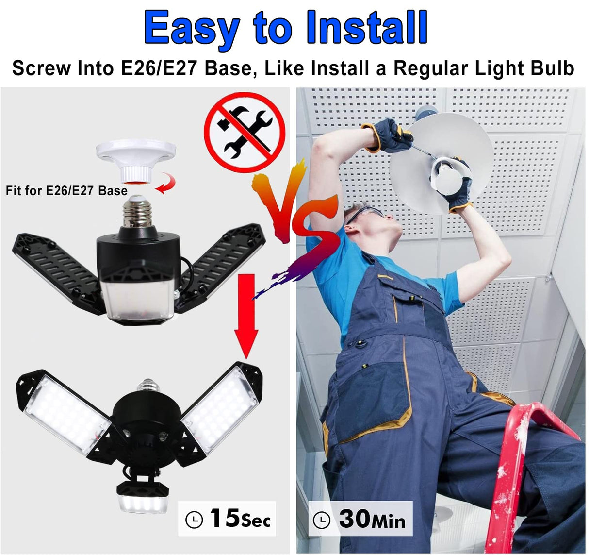 2Pack 80W LED Garage Light, 8000 Lumen Ceiling Lights with 3 Adjustable Panels, 6500K Daylight Light Bulb Fixture LED Lights for Garage, E26/E27 LED Shop Lights, Attic Workshop LED Bay Light