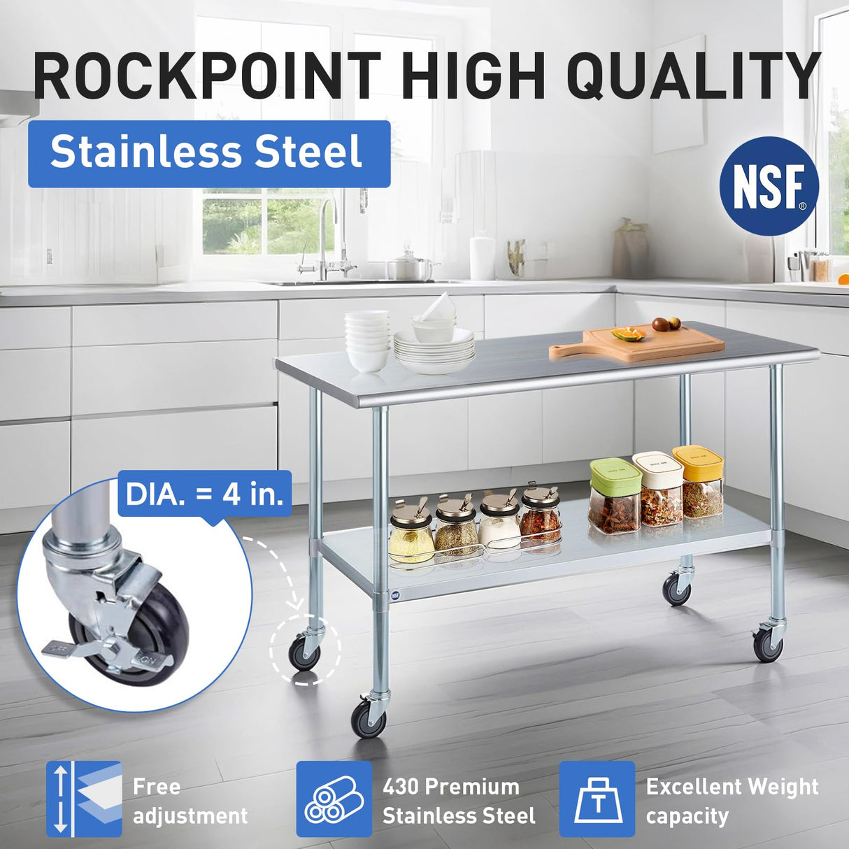 ROCKPOINT Stainless Steel Table for Prep & Work with Caster Wheels 24x48 Inches, NSF Metal Commercial Kitchen Heavy Duty Table with Adjustable Under Shelf and Table Foot for Restaurant, Home and Hotel