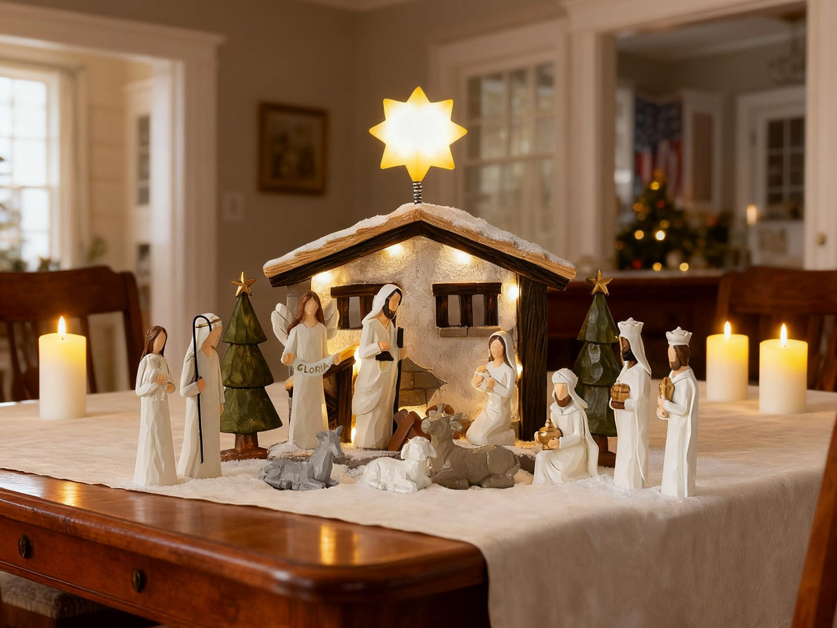 Nativity Set Indoor – 15 Pieces Christmas Nativity Scene Set with Manger, LED Star, Angel with Gloria Banner, Wooden Style Nativity Sets & Figures for Kids and Family Holiday Christmas Décor