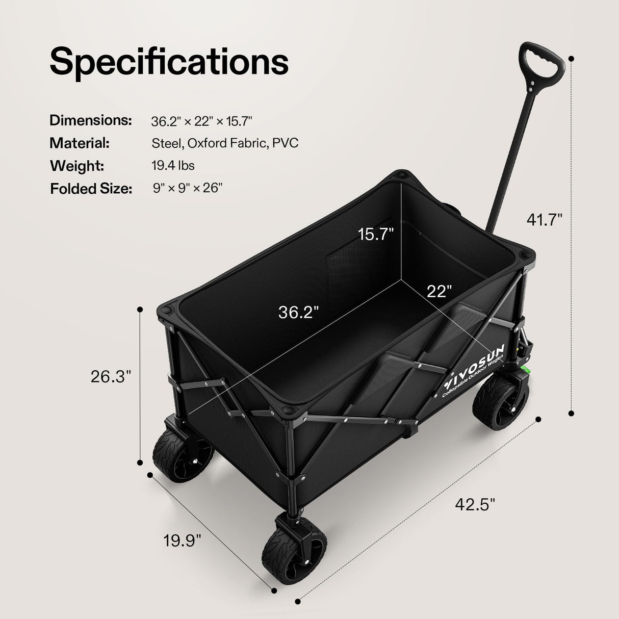 VIVOSUN Collapsible Folding Wagon, Outdoor Utility with Silent All-Terrain Wide Wheels, Adjustable Handle, Cup Holders & Side Pockets, for Camping, Beach, Shopping, Garden, Sports, Picnic, Black