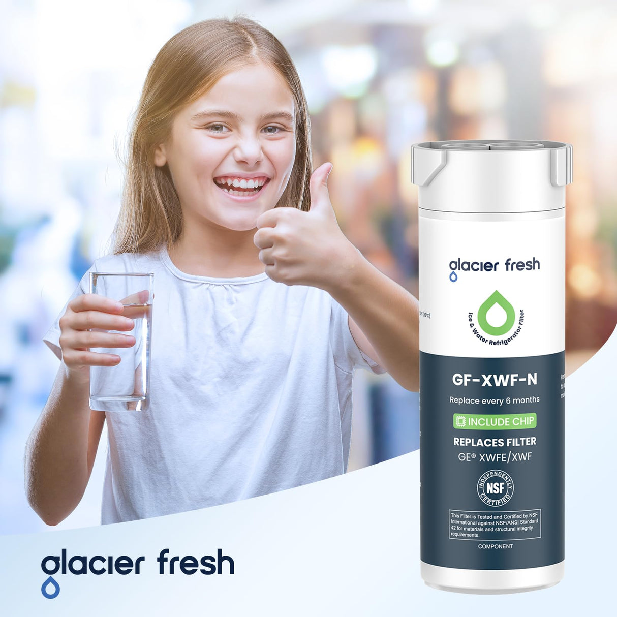 GLACIER FRESH Water Filter Compatible with XWFE (Built-in CHIP), Replacement for GE XWFE, XWF Refrigerator Water Filter NSF/ANSI 42 Certification Pack of 1