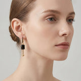 LisiZen 14K gold plated Black Zircon Dangle Earrings for Women – 2 Inch Rectangle Black Gold Drop Earrings, Minimalist Geometric Black Gold Earrings, Everyday Chic Black Gold Dangle Earrings
