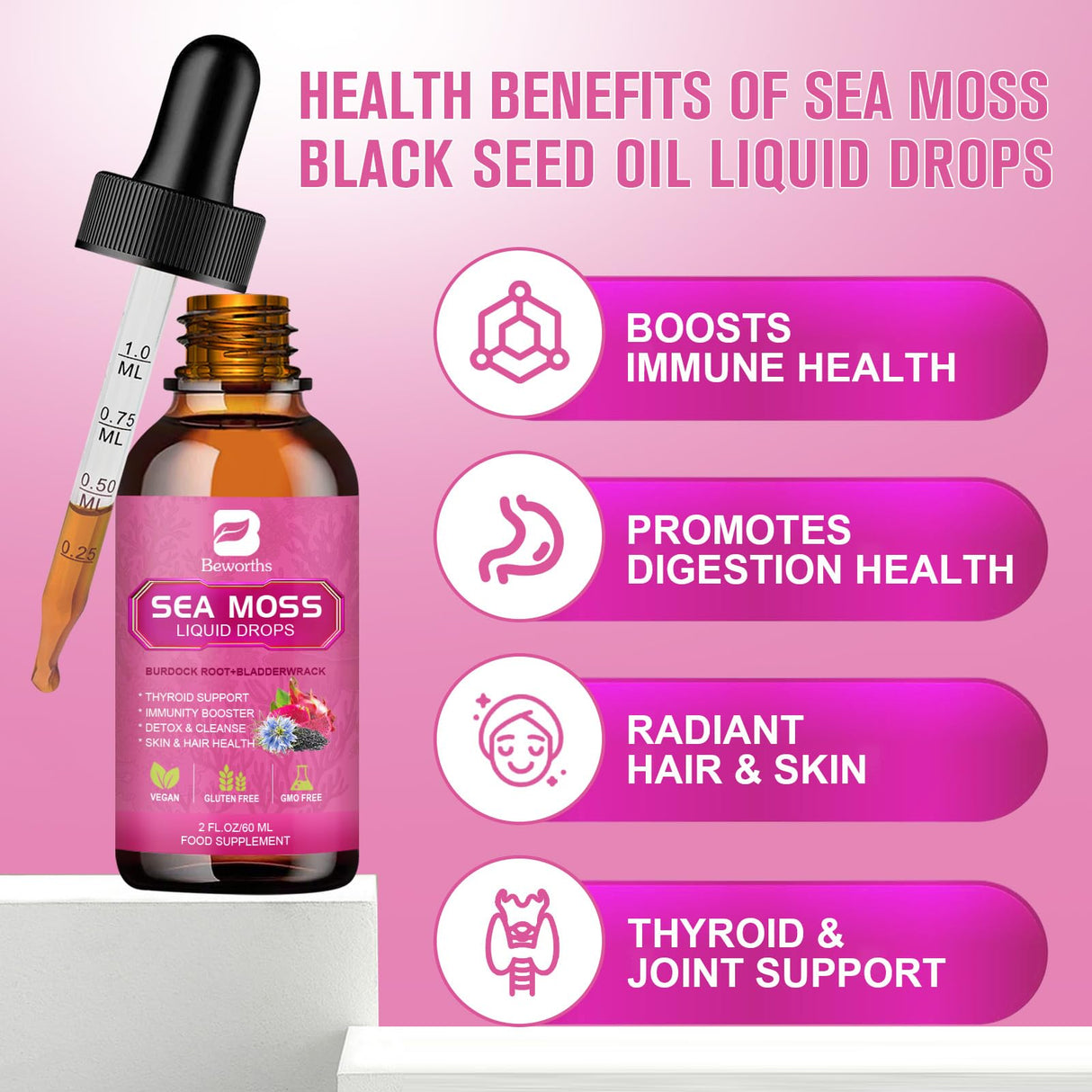 B BEWORTHS Sea Moss Liquid Drops - Organic Black Seed Oil Irish Sea Moss Gel with Burdock Root, Bladderwrack, Elderberry, Vitamin C, D3, 6X Stronger Seamoss Gel for Digestive, Hair Health - Vegan