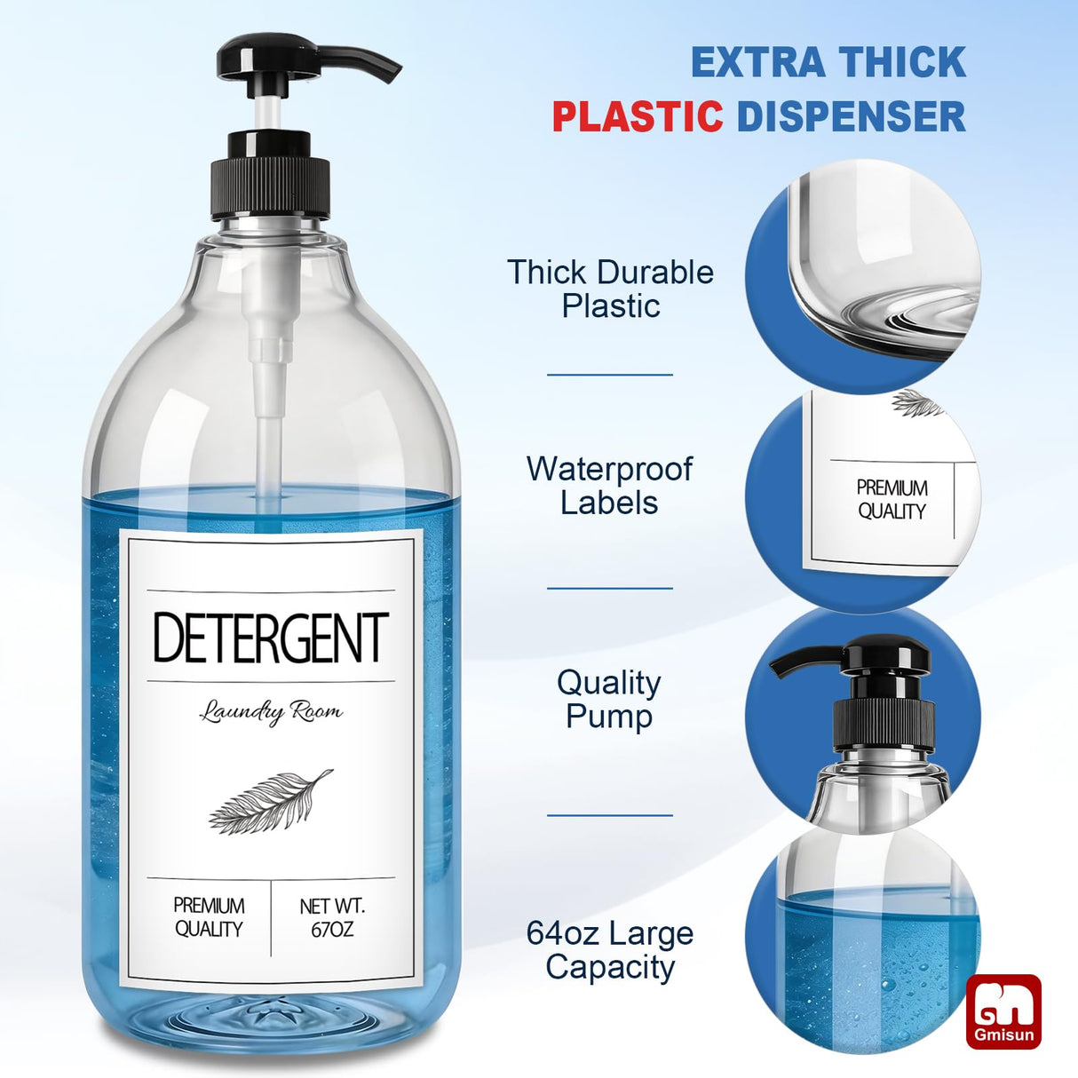 GMISUN Laundry Detergent Soap Dispenser, Liquid Laundry Detergent Dispenser, Container for Farmhouse Laundry Room Decor, Organizer for Liquid SoftenerBleach Heavy Duty Plastic Bottle(64 Oz 3 Pack)